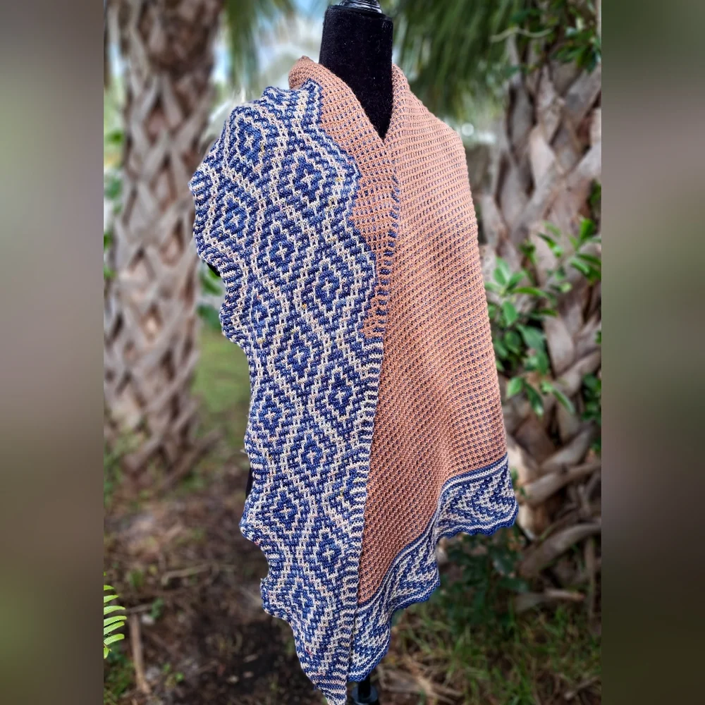Hand Knit Shawl Blue Brown Beige Hand Dyed Yarn Mosaic Colorwork Soft Warm Cozy - Picture 14 of 16